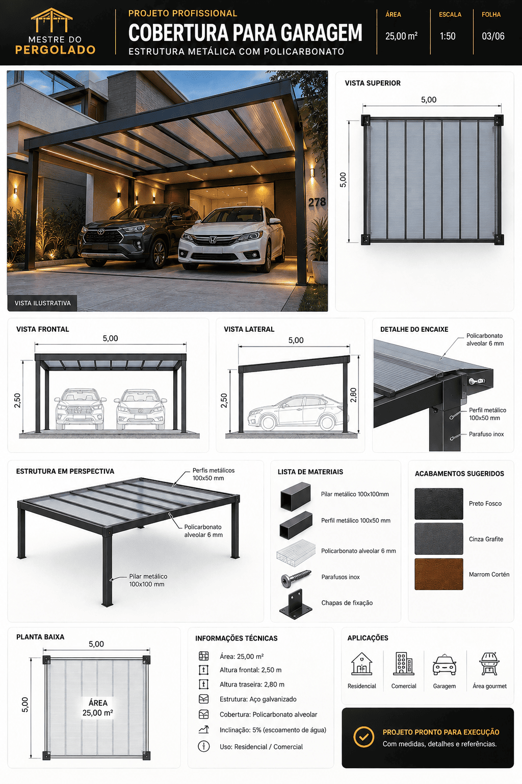 Projeto técnico de cobertura para garagem